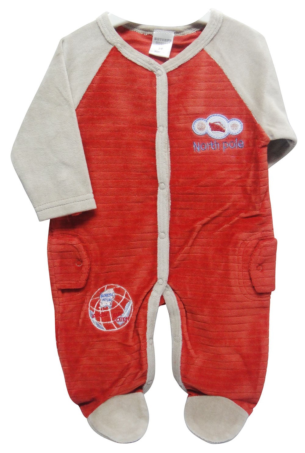 Red baby onesie with gray sleeves and feet, featuring a logo on a white background