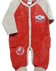 Red baby onesie with gray sleeves and feet, featuring a logo on a white background