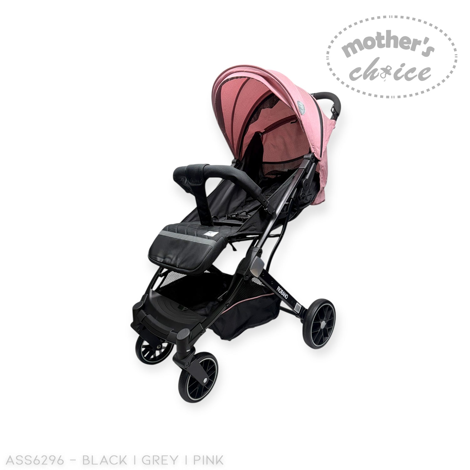 Black and pink stroller with 'Mother's Choice' branding on a white background