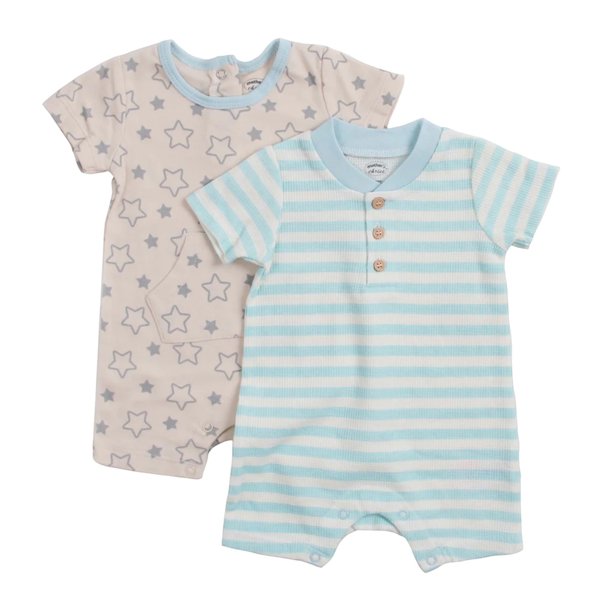 Two baby rompers, one with star pattern and one with blue stripes, on a white background.
