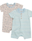 Two baby rompers, one with star pattern and one with blue stripes, on a white background.