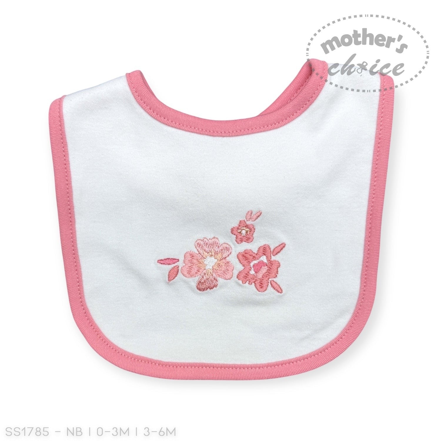 White baby bib with pink floral embroidery and trim on a white background, featuring 'Mother's Choice' branding.