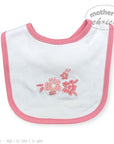 White baby bib with pink floral embroidery and trim on a white background, featuring 'Mother's Choice' branding.