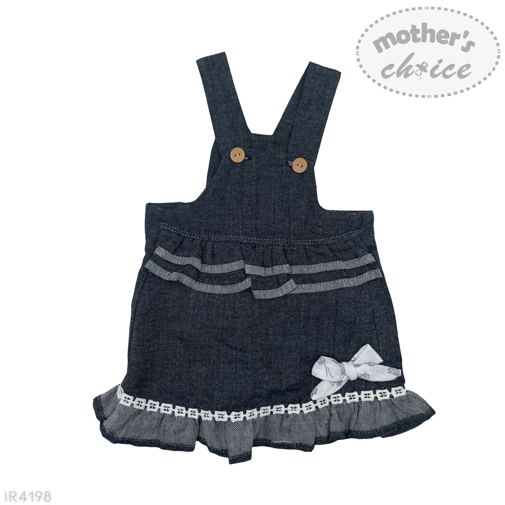 Denim pinafore dress with ruffles and a bow on a white background, featuring 'mother's choice' branding.