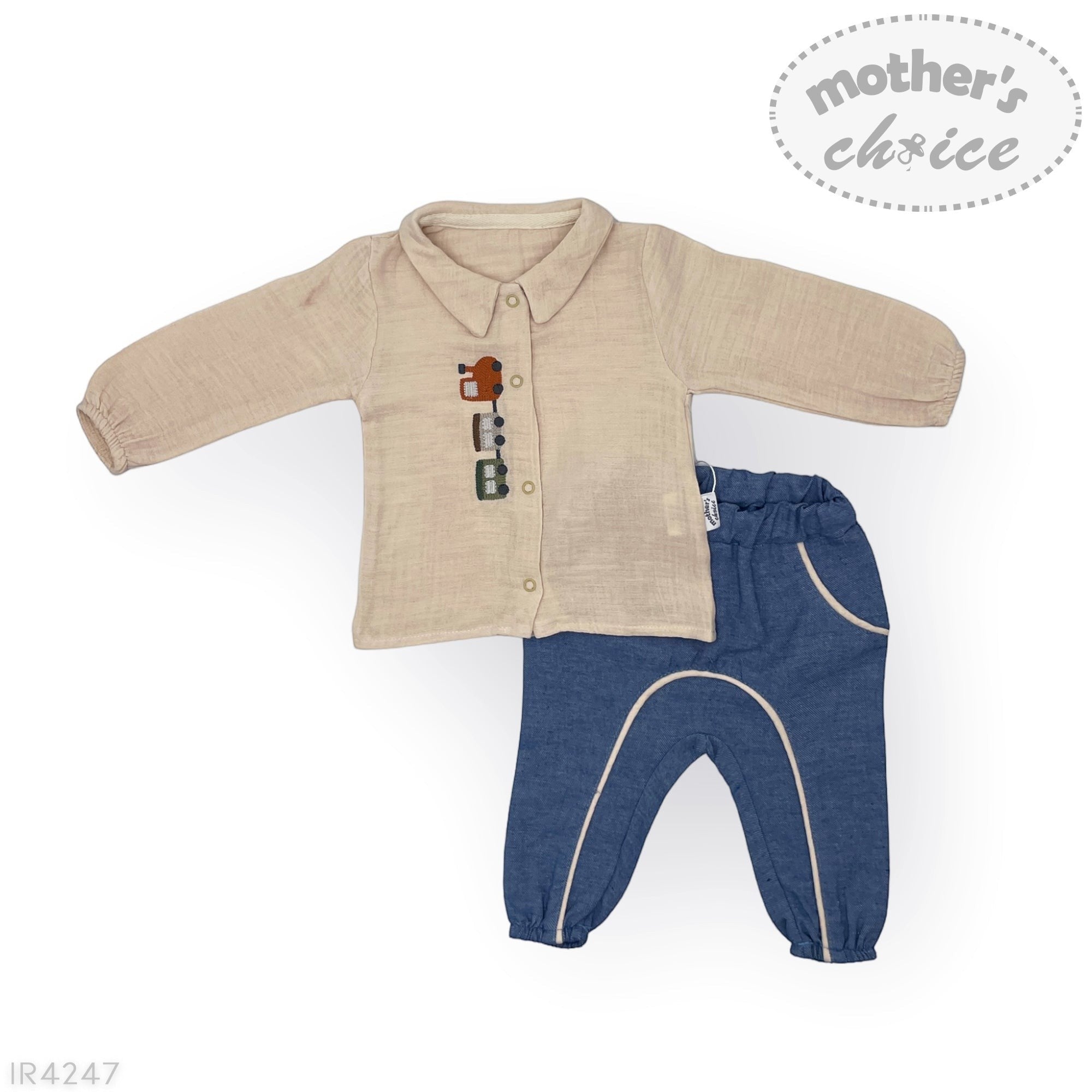 Children's beige shirt and blue pants set with 'Mother's Choice' branding on a white background.