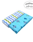 Folded baby blanket with wavy pattern and airplane design on a white background, branded 'Mother's Choice'.