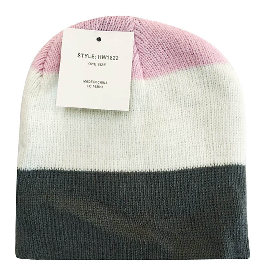 Color-blocked beanie with pink, white, and gray sections on a white background.