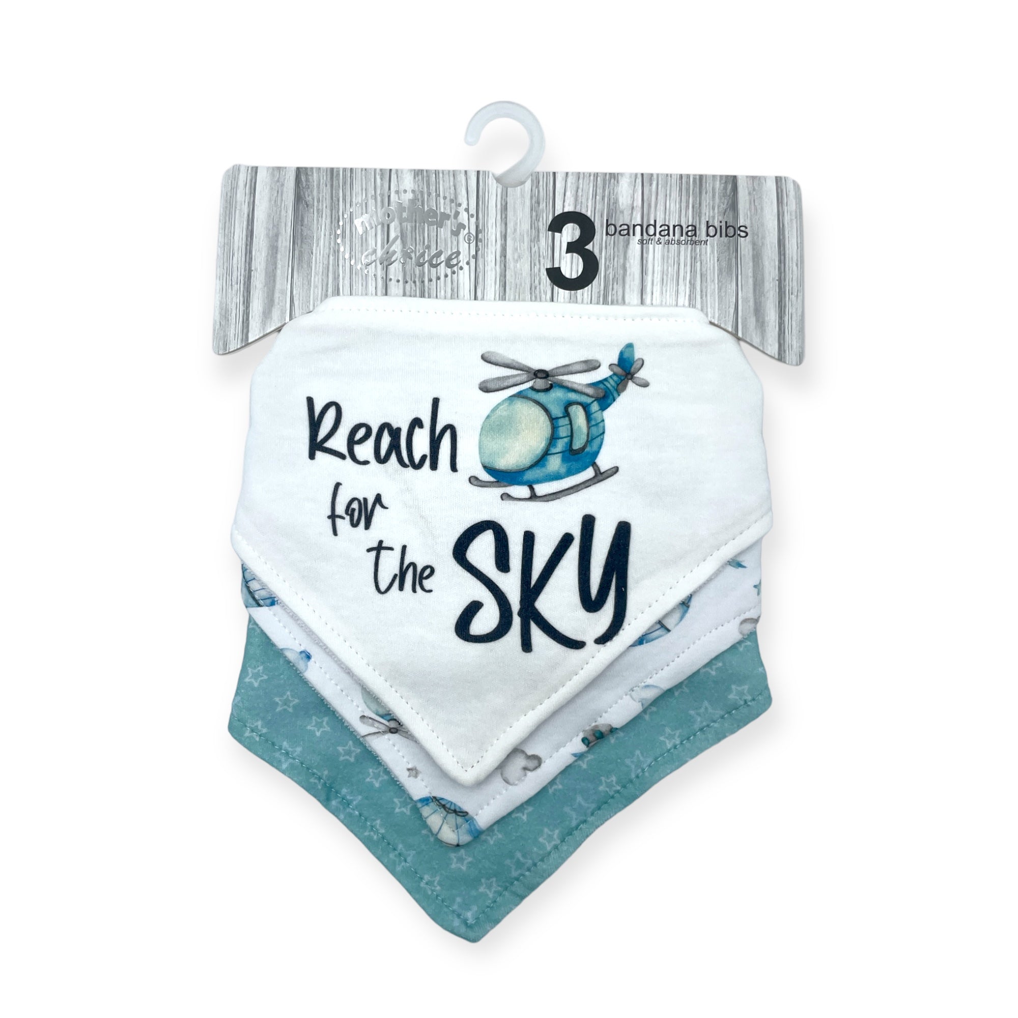 Set of three baby bibs with helicopter design and text 'Reach for the Sky' on a white background.