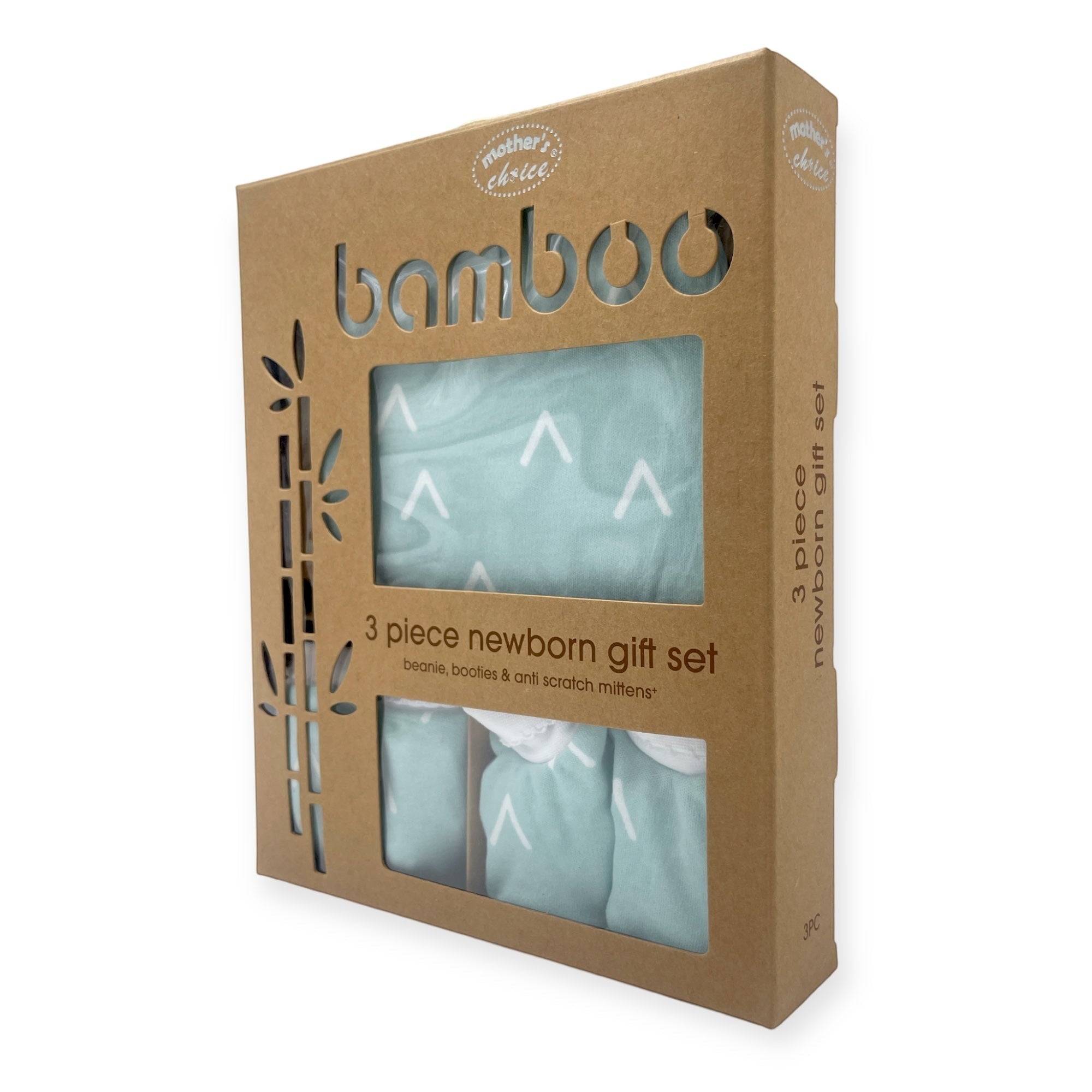Packaging of a 3-piece newborn gift set with bamboo text on a white background