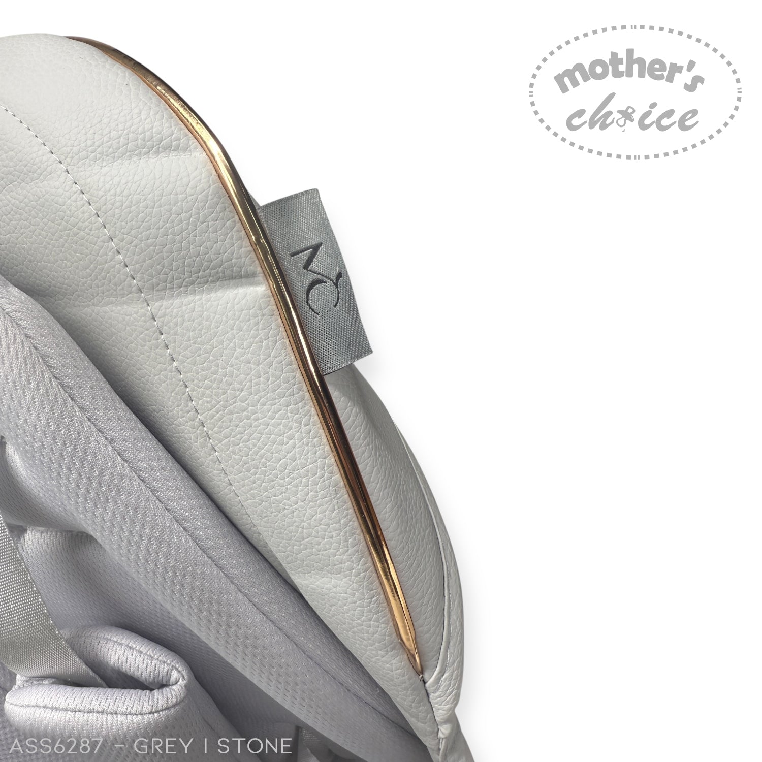 Close-up of a baby car seat with 'mother's choice' branding on a white background