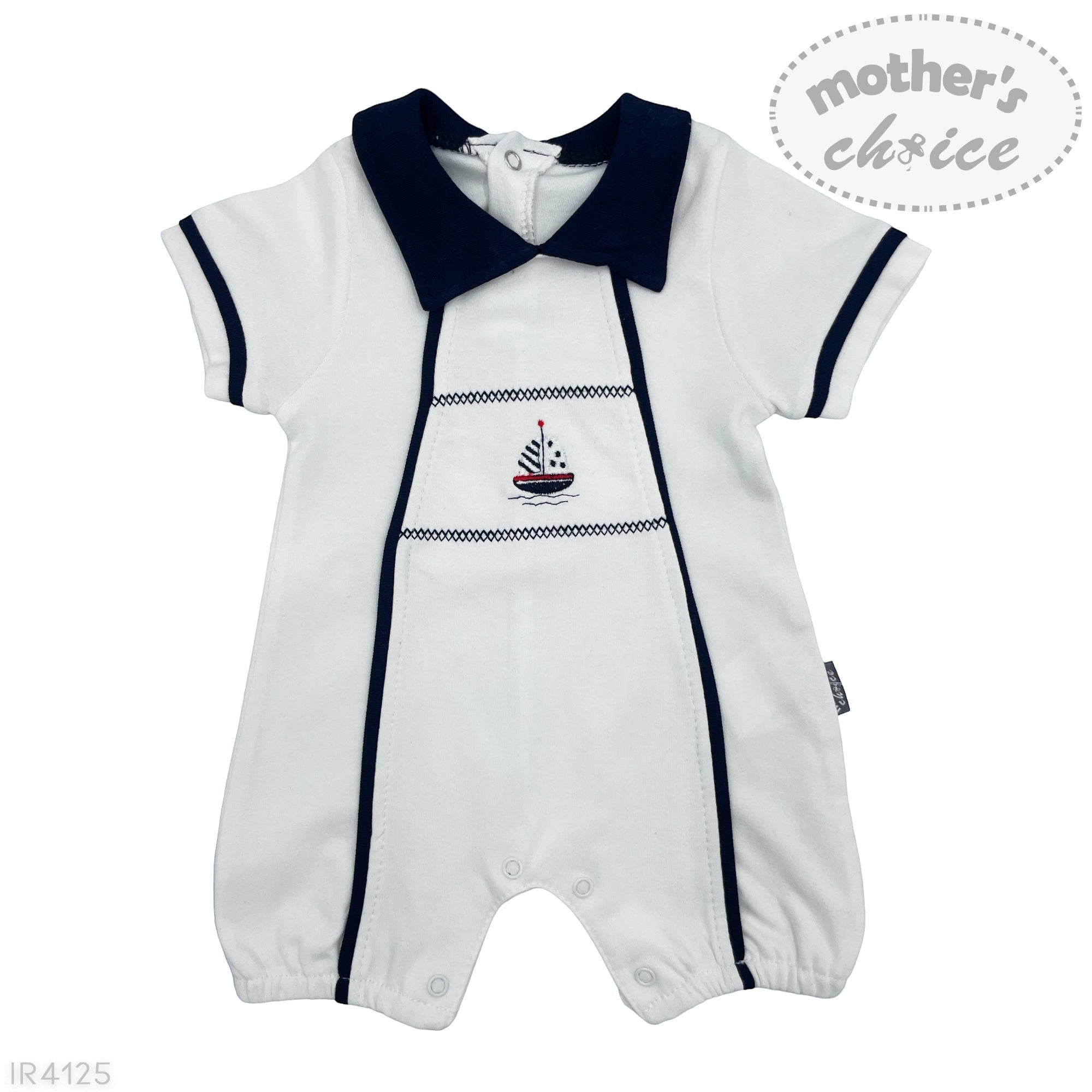 White baby romper with navy collar and sailboat design on a white background, featuring 'mother's choice' branding.