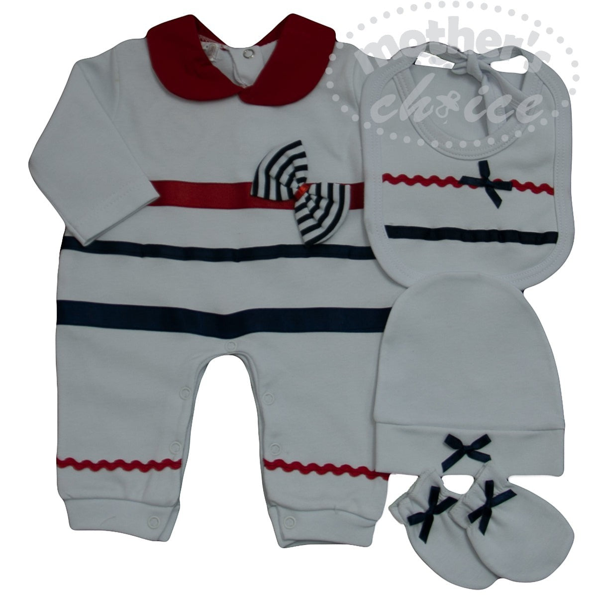 Baby outfit set with gray romper, bib, hat, and socks on a white background