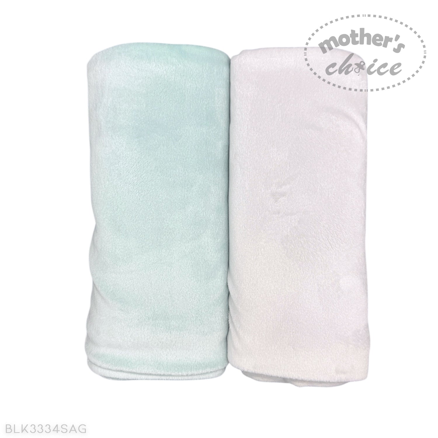 Two soft baby blankets, one light blue and one white, with 'Mother's Choice' branding on a white background.