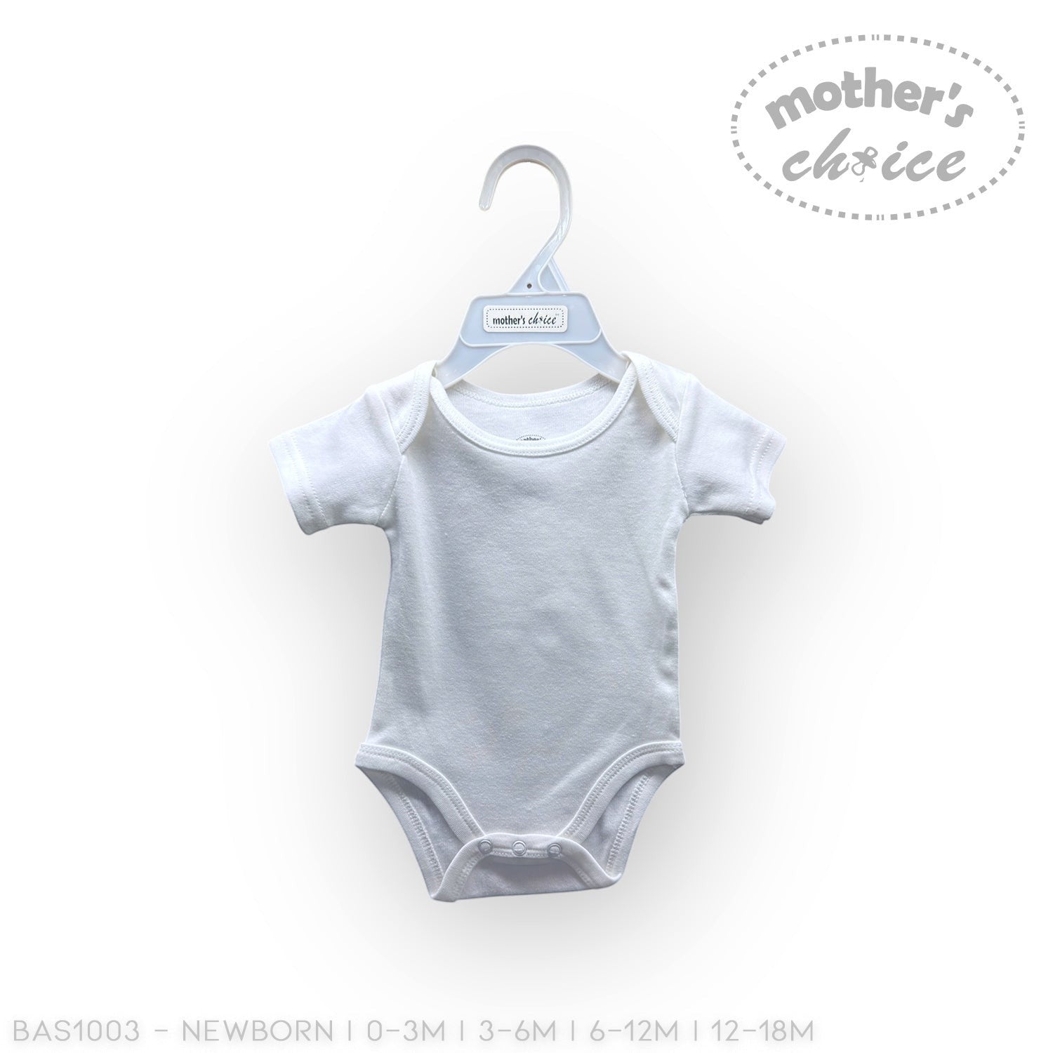 Gray baby onesie on a hanger with 'Mother's Choice' label against a white background
