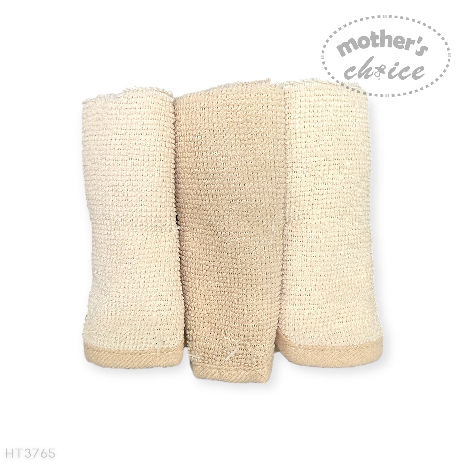 Three beige textured towels stacked on a white background with 'Mother's Choice' branding.