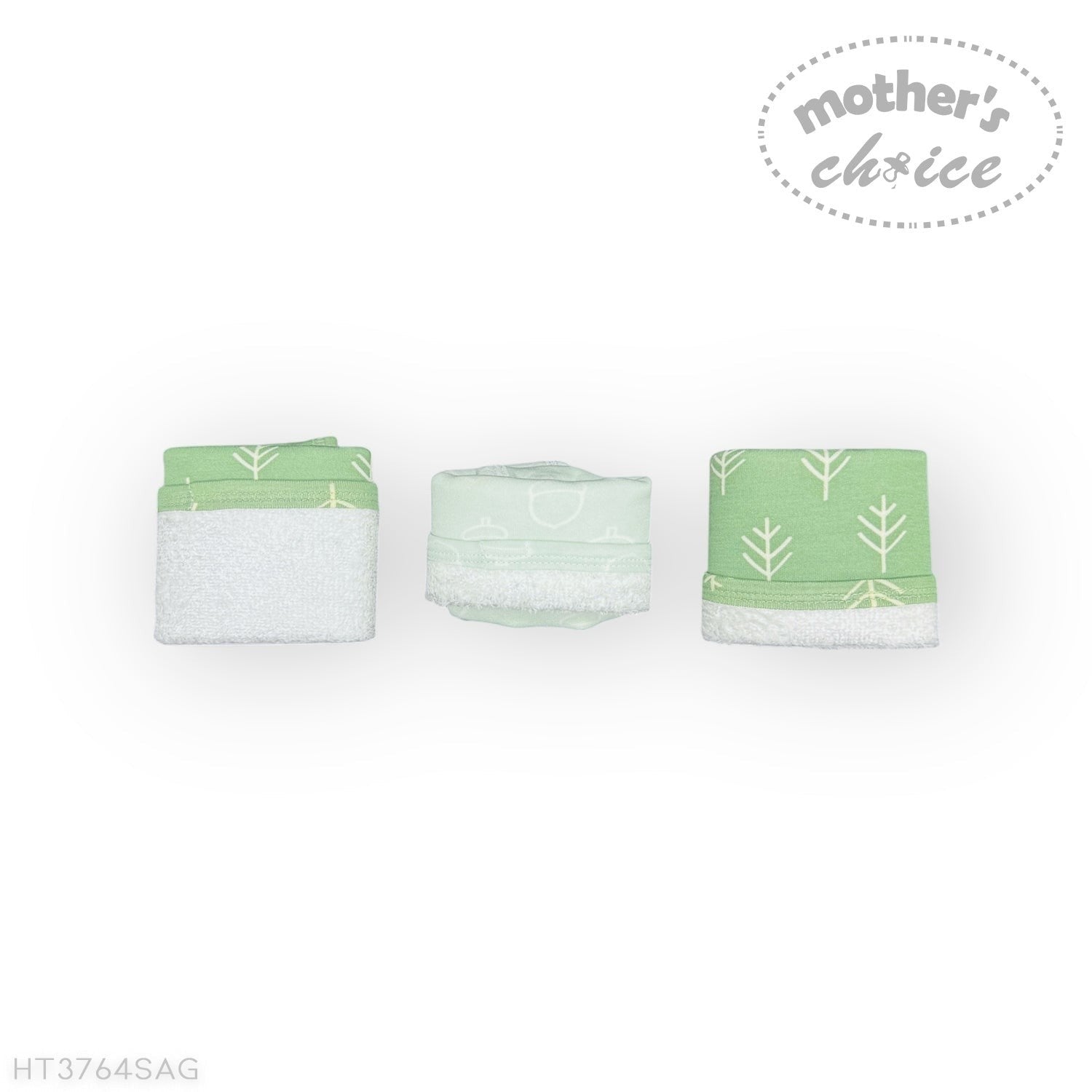 Three green and white patterned towels on a white background with 'mother's choice' branding.