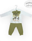 Baby outfit with white shirt, green pants, and 'Tokyo' design on a white background.