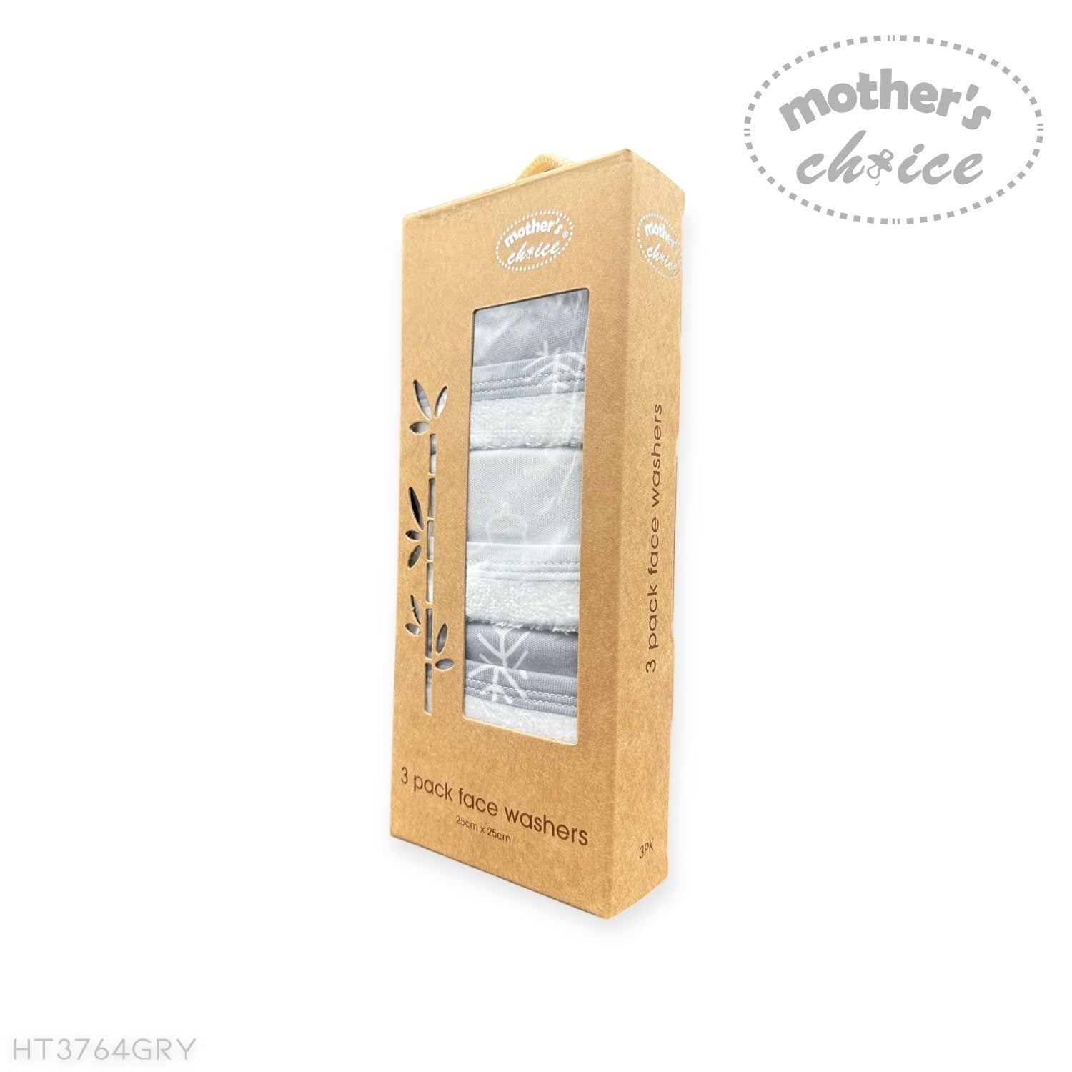 Kraft paper packaging for 3-pack face washers with 'Mother's Choice' branding on a white background.