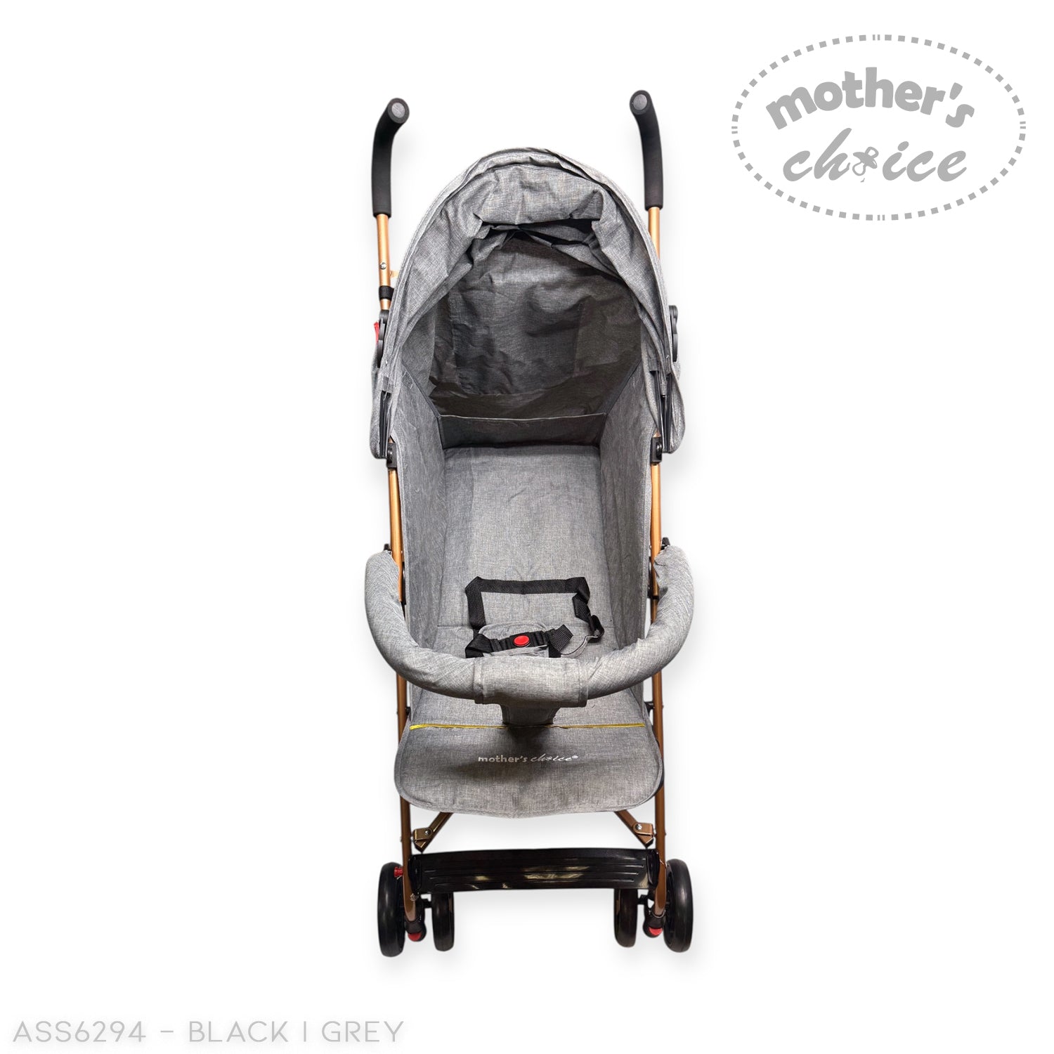 Gray stroller with black accents on a white background, featuring 'Mother's Choice' branding.