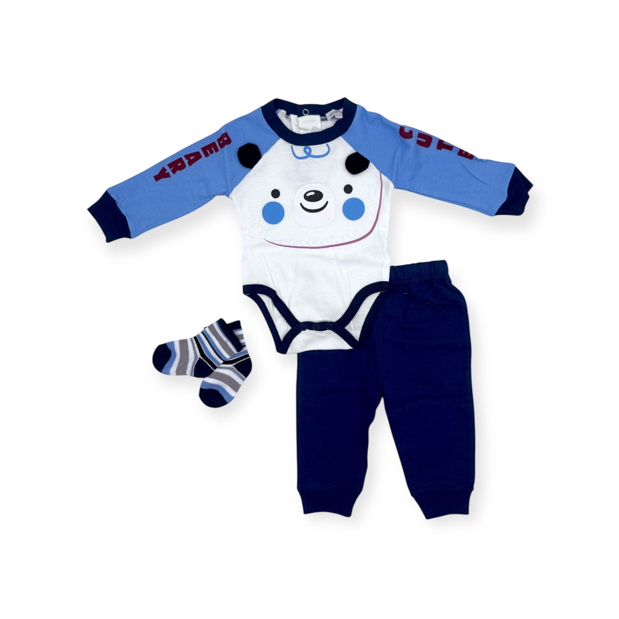 Baby outfit set with blue and white bear-themed onesie, pants, and socks on a white background
