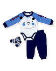 Baby outfit set with blue and white bear-themed onesie, pants, and socks on a white background