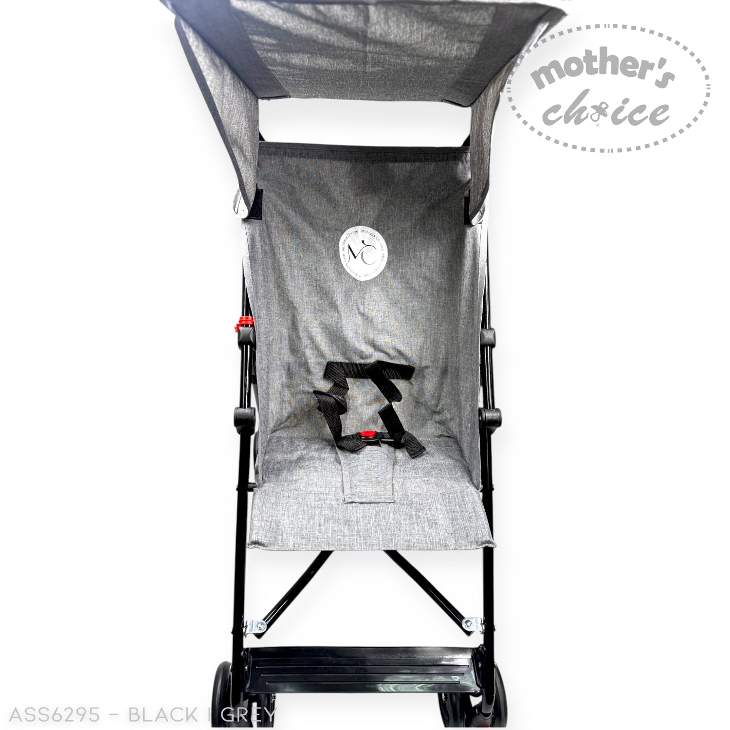 Black and gray stroller with canopy on a white background, featuring 'mother's choice' branding.