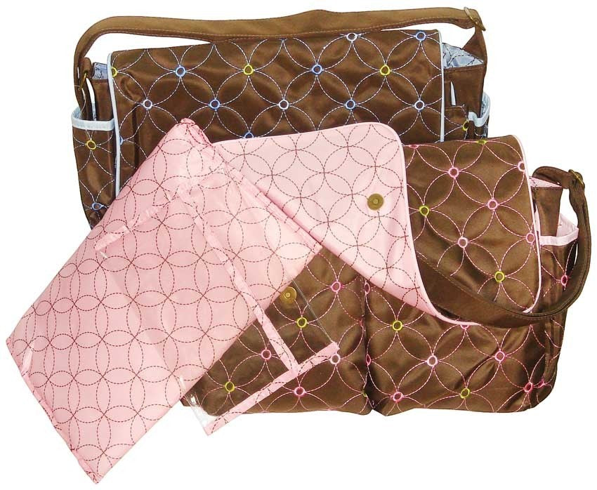 Brown and pink bags with geometric patterns on a white background