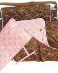 Brown and pink bags with geometric patterns on a white background
