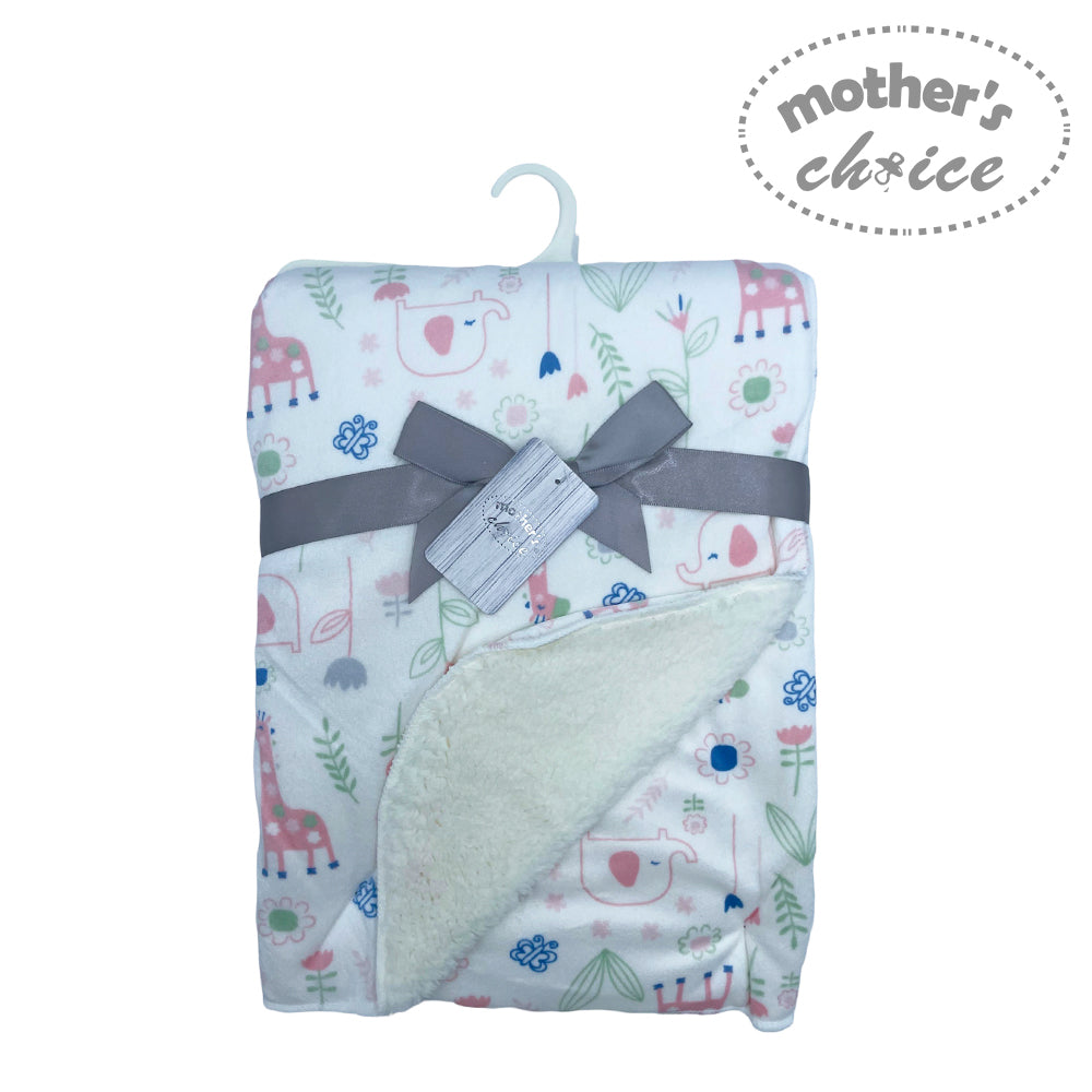 Baby blanket with animal patterns and a gray bow, branded 'Mother's Choice', on a white background.