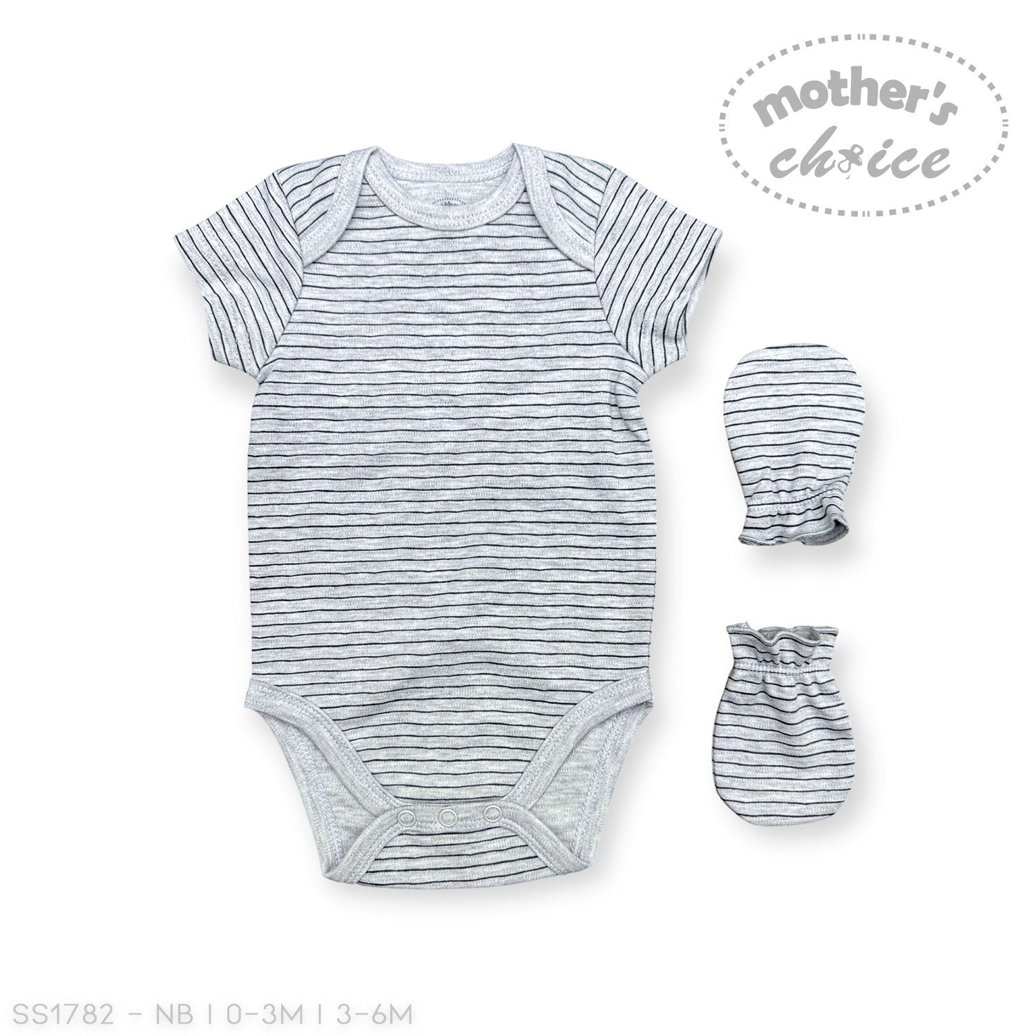 Baby outfit set with striped onesie, hat, and gloves on a white background