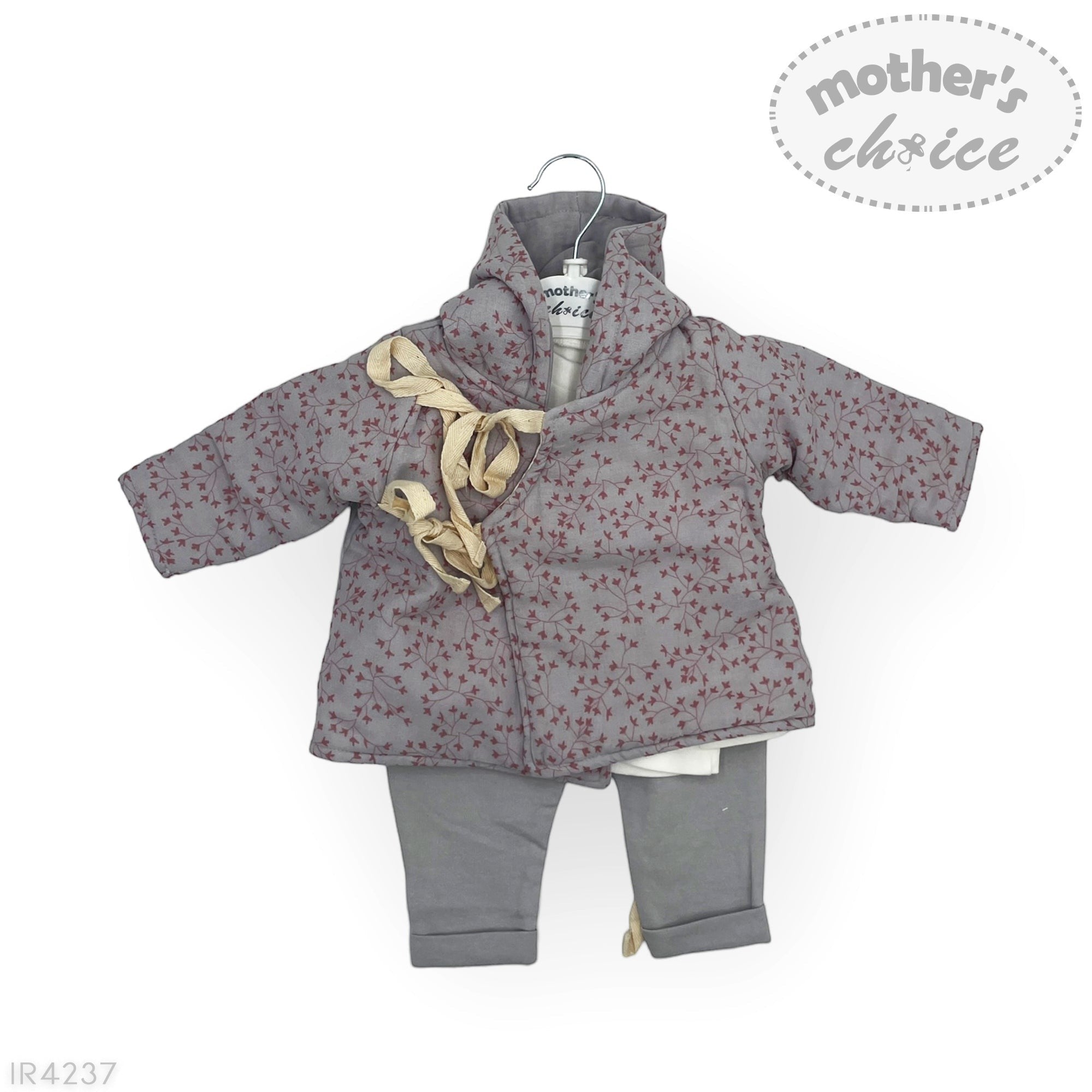 Children's gray coat with floral pattern and matching pants on a white background, branded 'Mother's Choice'.