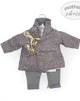 Children's gray coat with floral pattern and matching pants on a white background, branded 'Mother's Choice'.