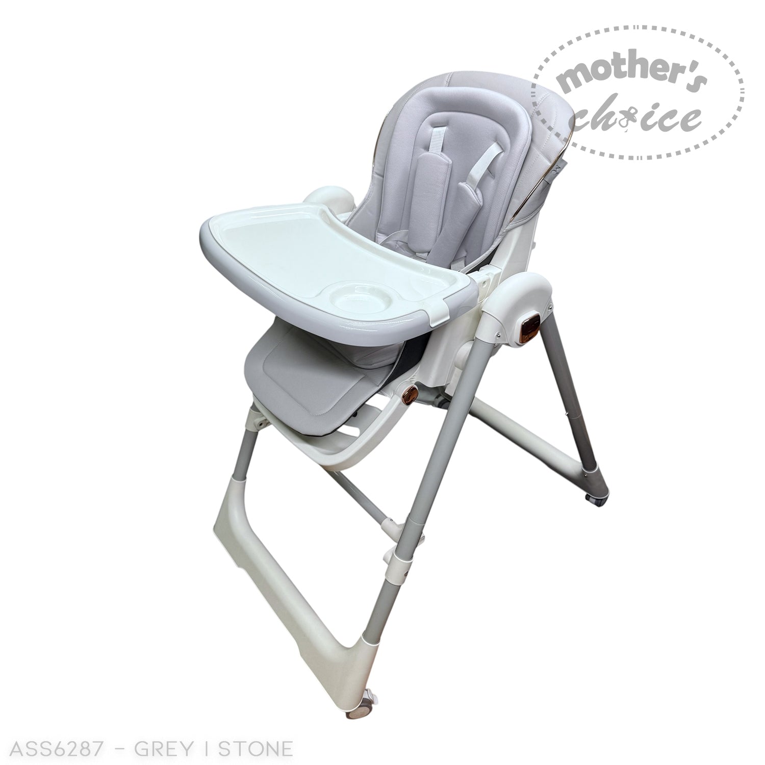 Gray high chair with tray on a white background, featuring 'Mother's Choice' branding.