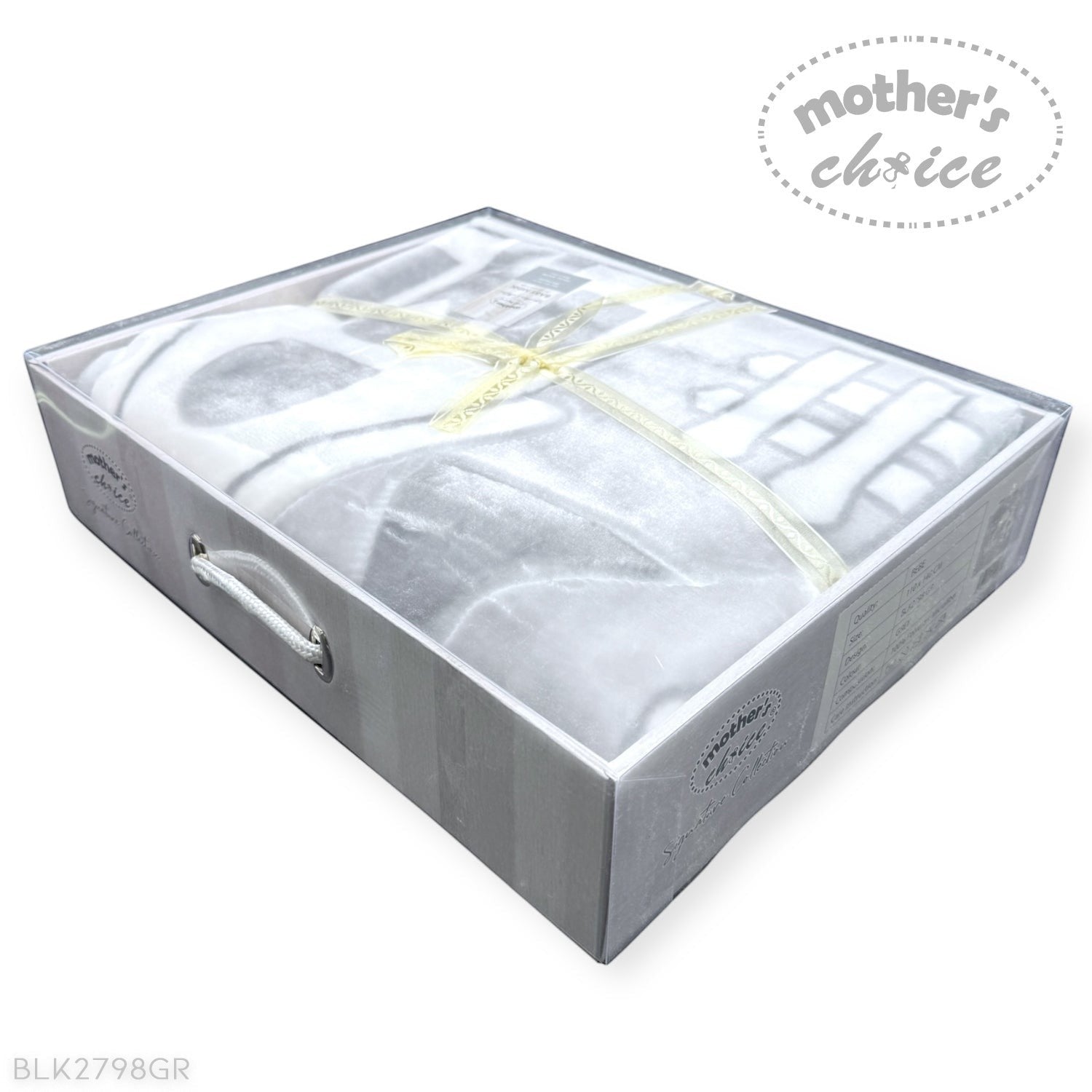 Gray storage box with clear lid containing white baby clothes, branded 'Mother's Choice'.