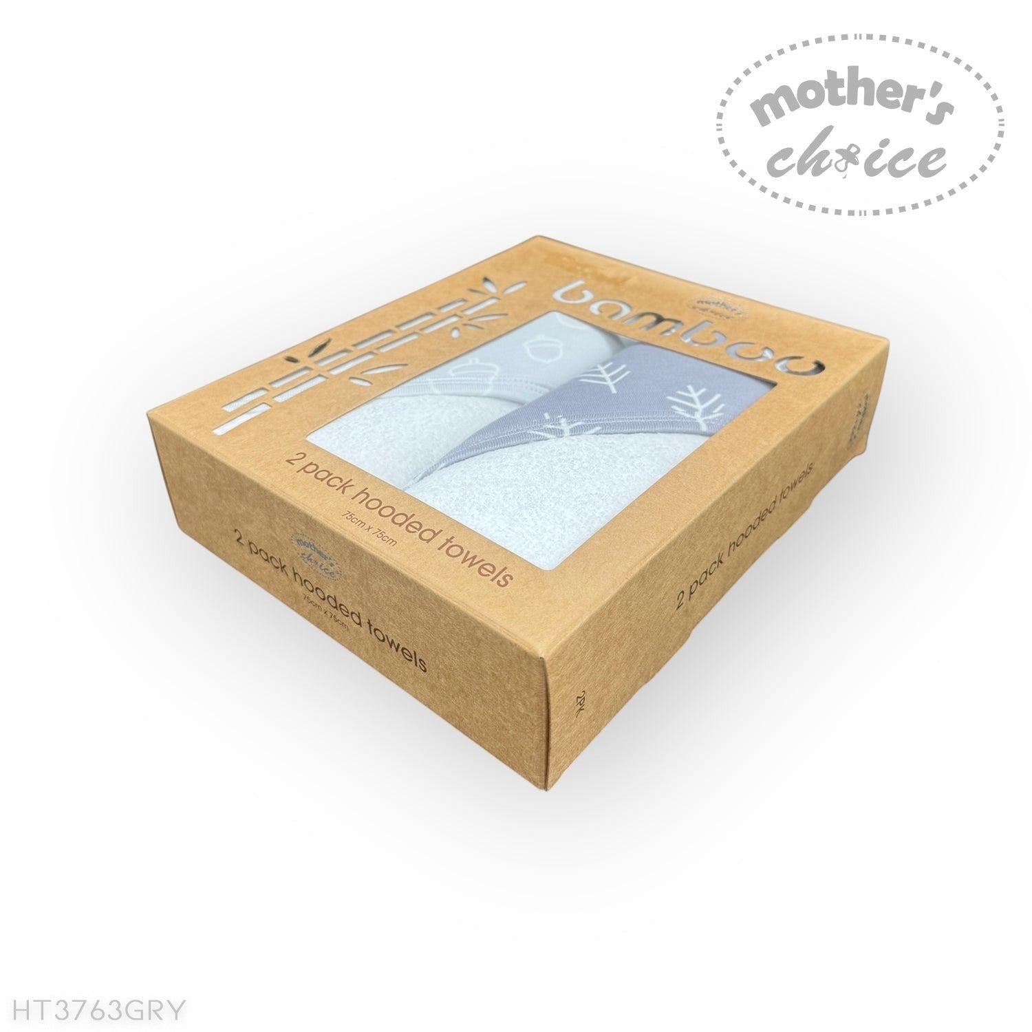 Box of bamboo hooded towels with a clear window on a white background