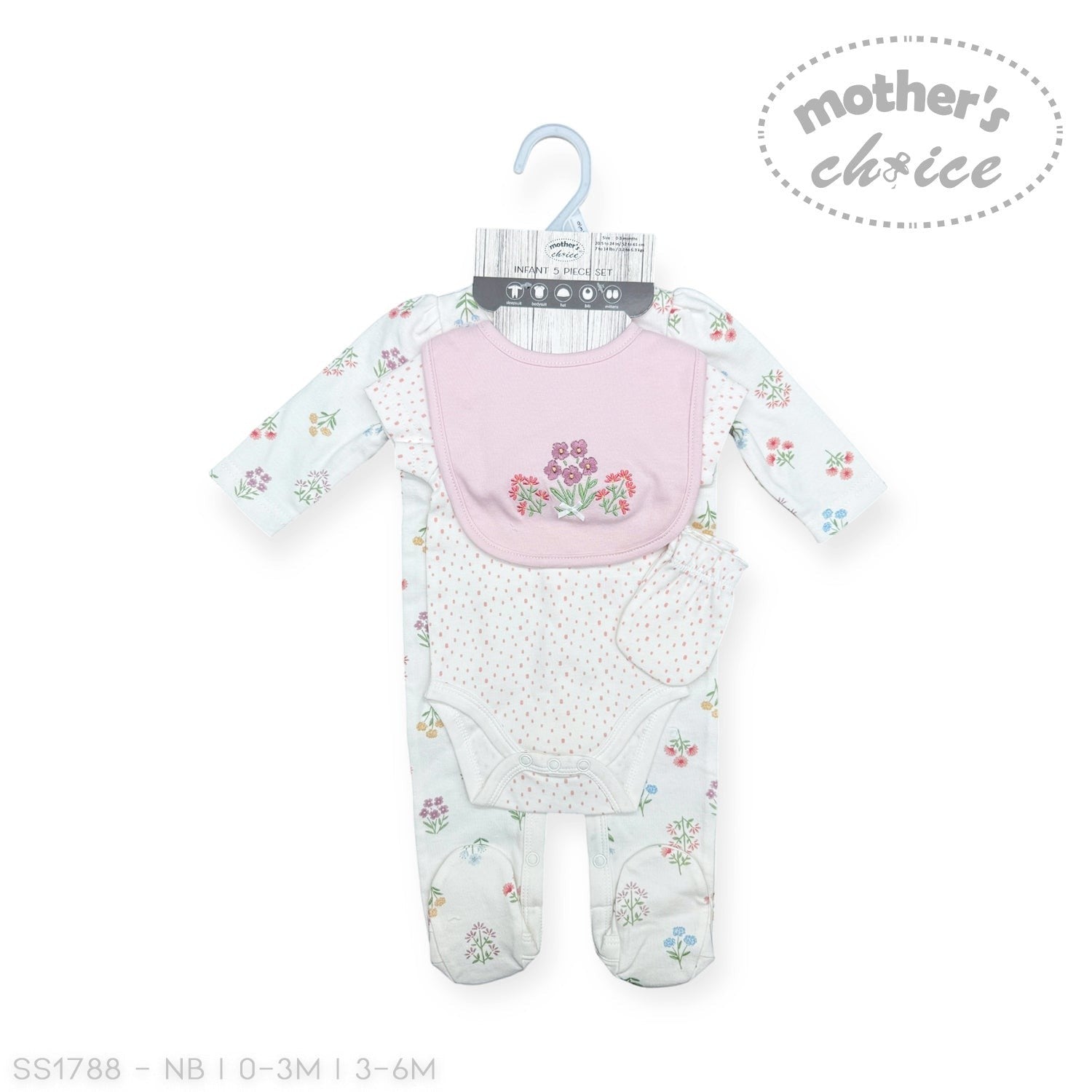 Baby outfit with floral pattern and pink bib on a hanger, branded 'Mother's Choice'.
