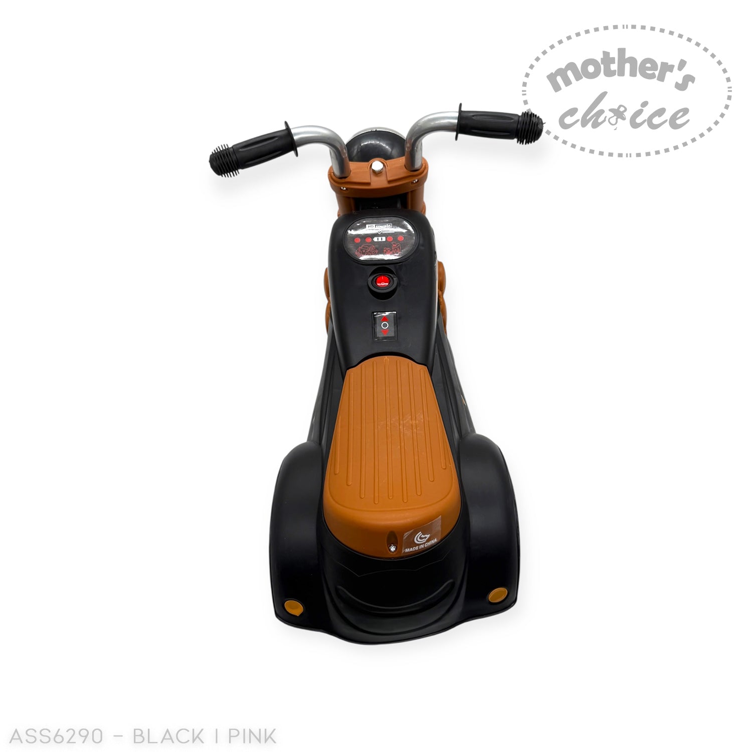 Black and pink toy tricycles with 'Mother's Choice' label on a white background