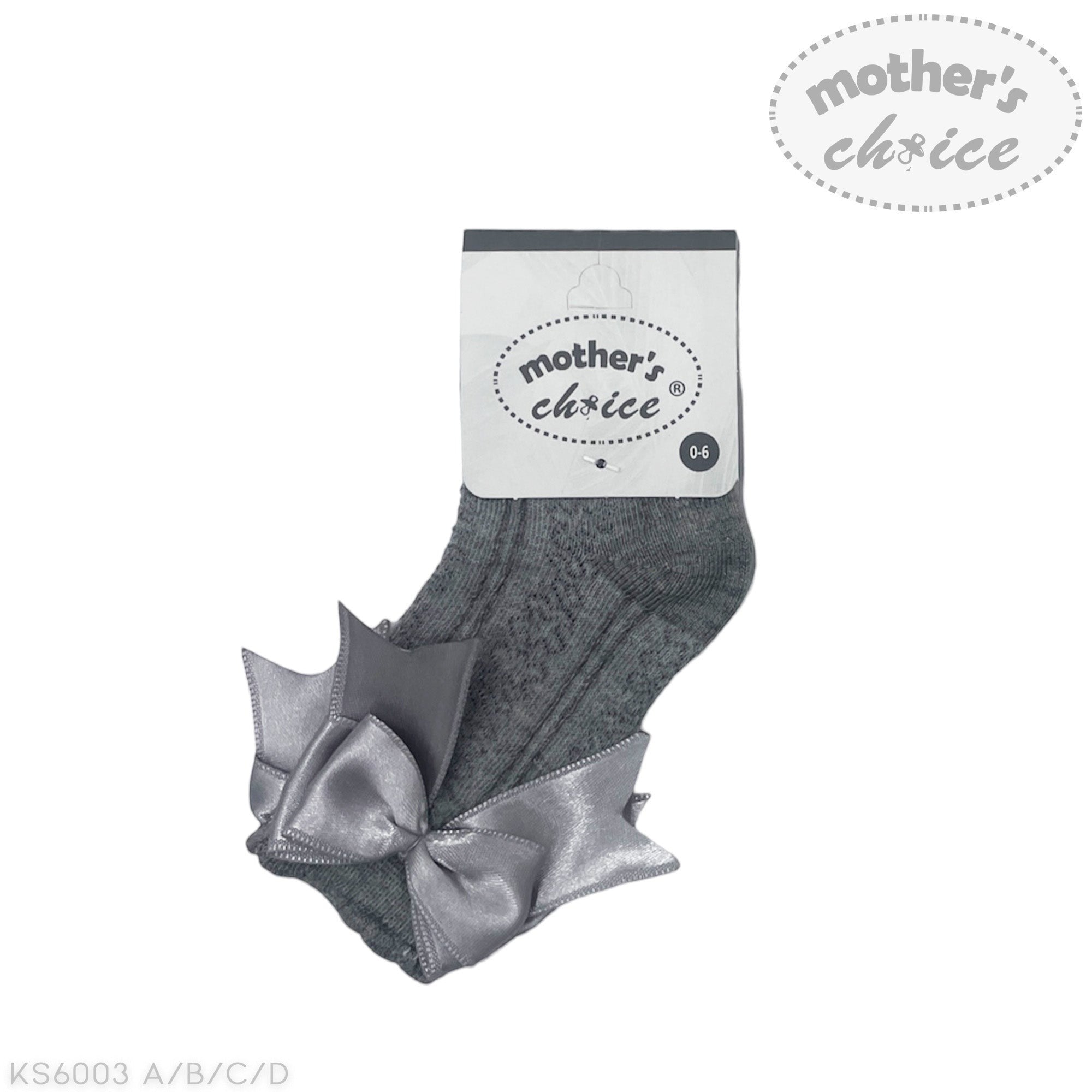 Gray knee-high socks with a bow on a white background, featuring 'mother's choice' branding.