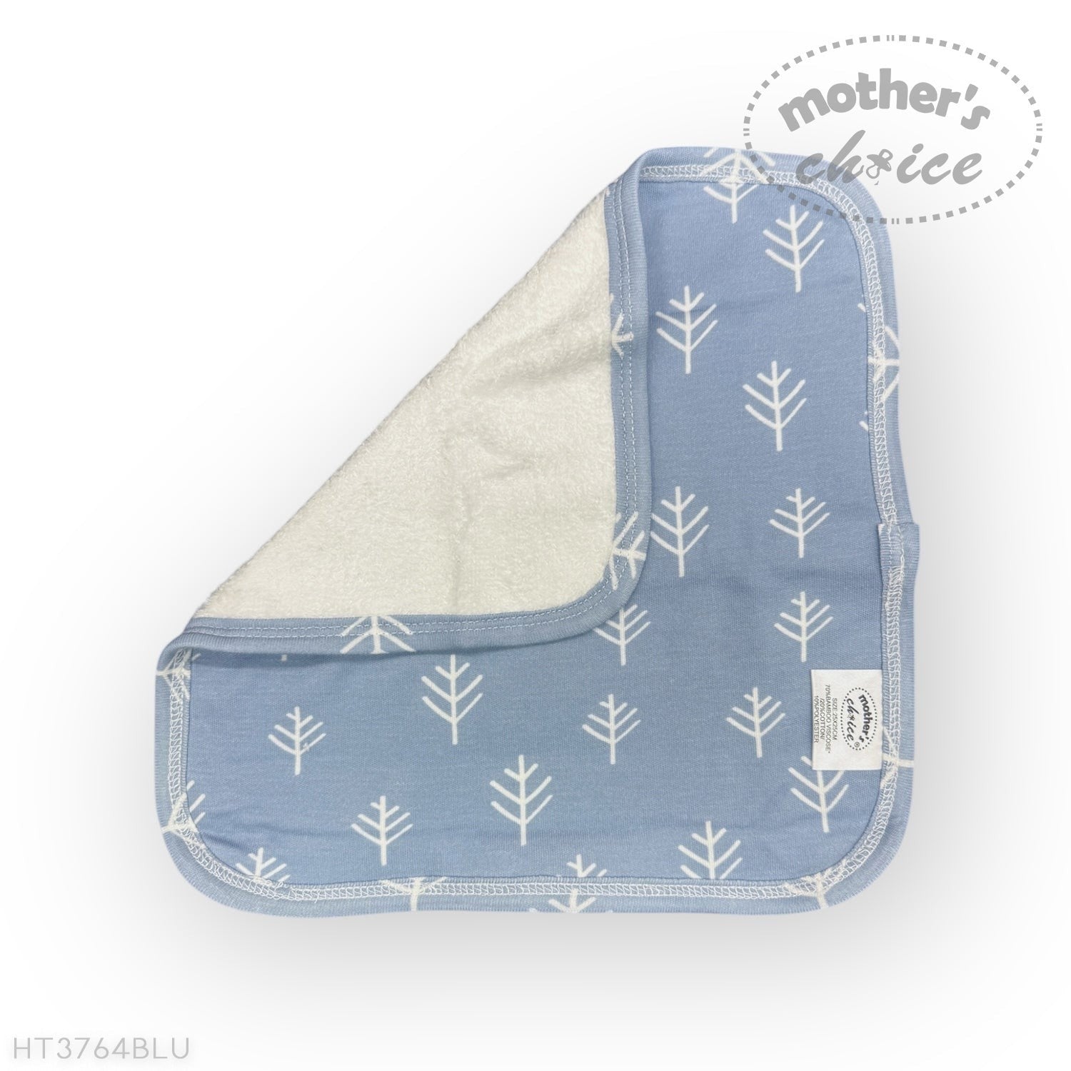 Baby bib with blue and white tree pattern on a white background