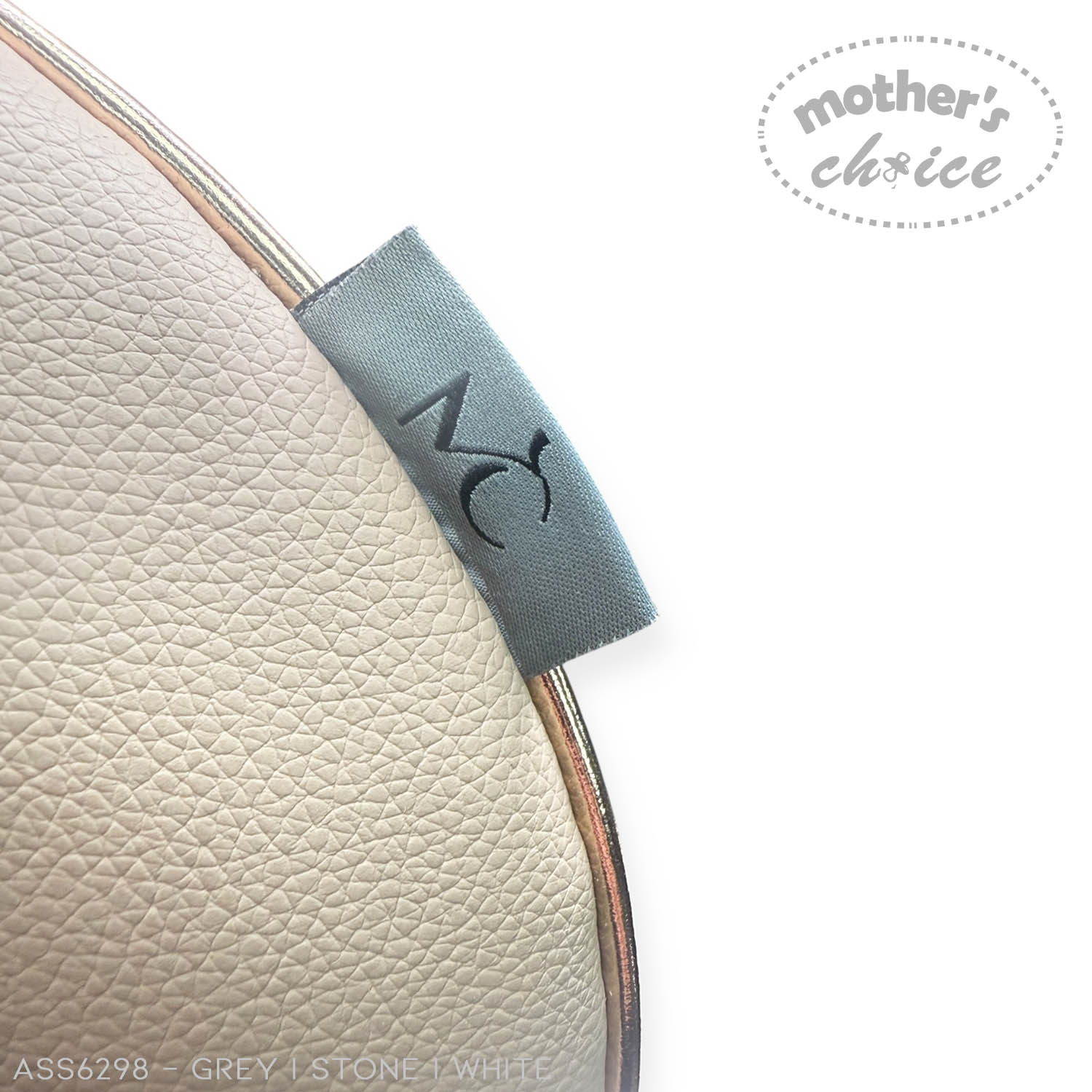 Close-up of a beige leather product with a gray strap featuring 'mother's choice' branding on a white background.