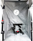 Gray stroller with a visible brand logo on a white background