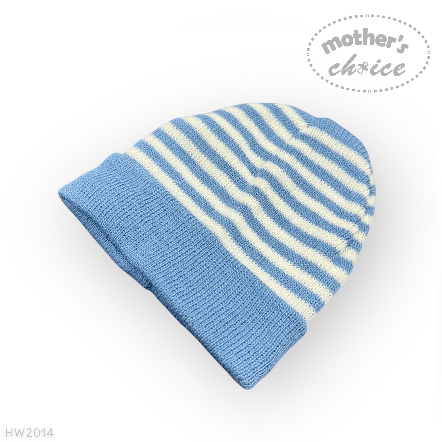 Blue and white striped baby hat on a white background with 'mother's choice' branding.