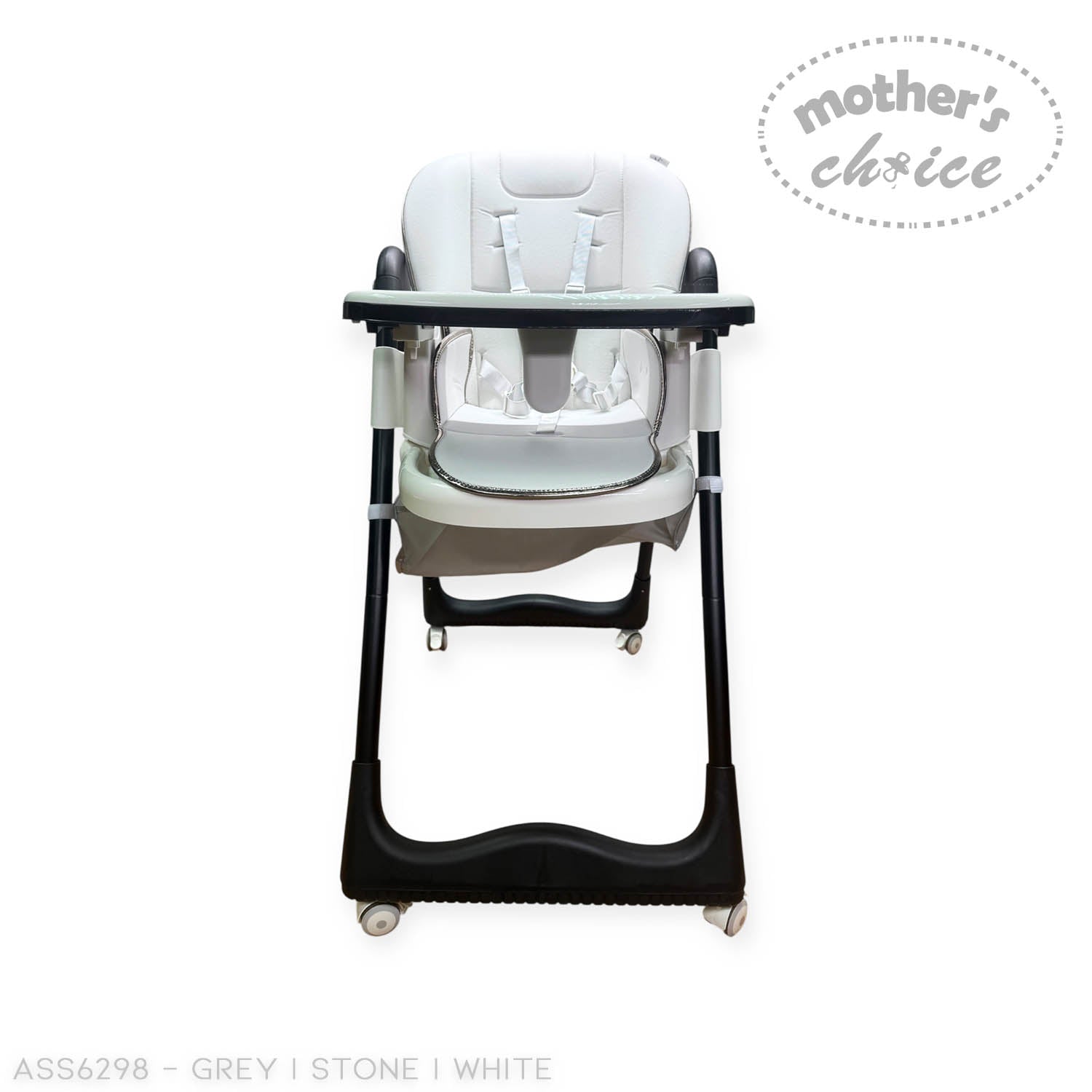 High chair with 'Mother's Choice' branding on a white background
