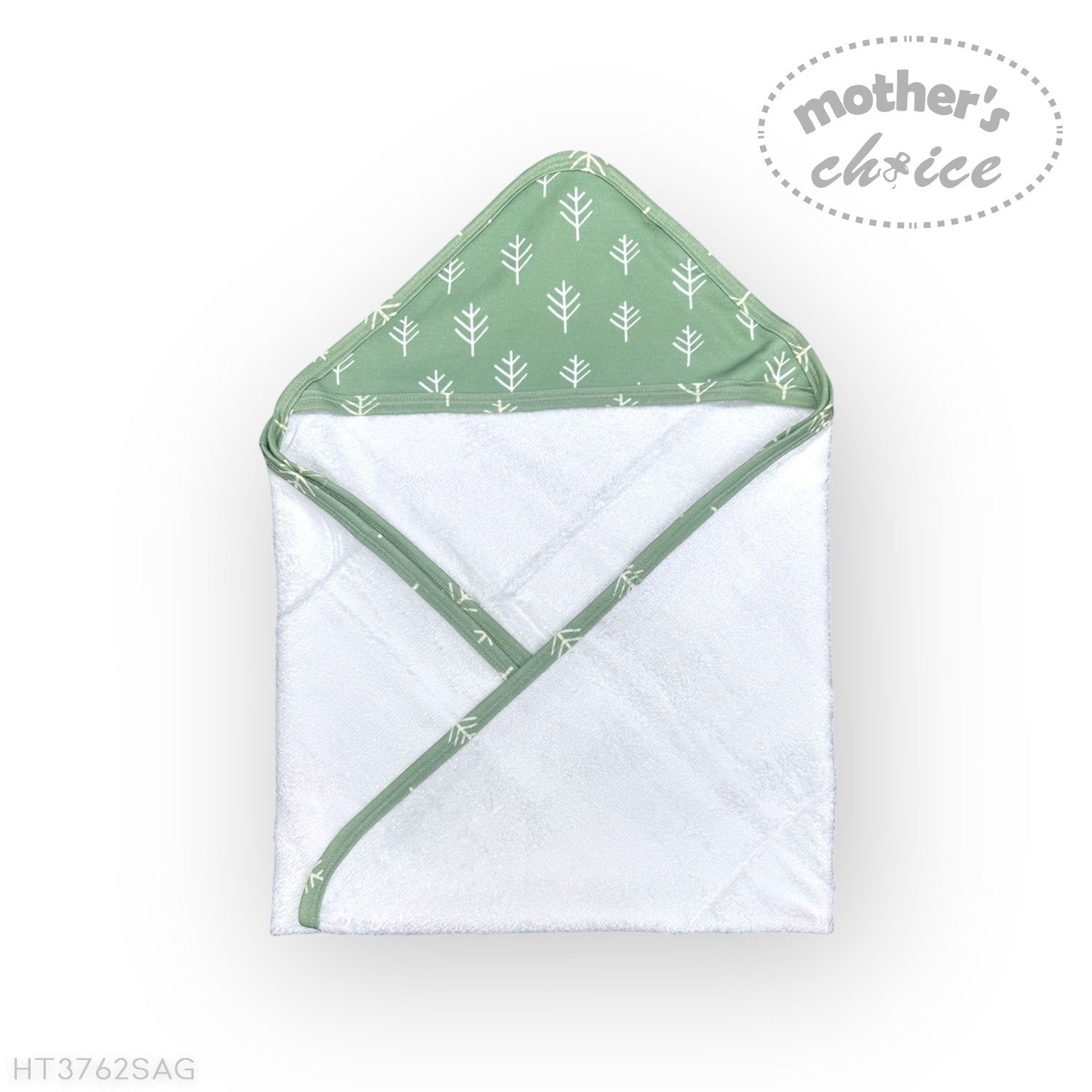 Hooded towel with green and white pattern on a white background, featuring 'Mother's Choice' branding.