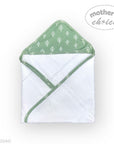 Hooded towel with green and white pattern on a white background, featuring 'Mother's Choice' branding.