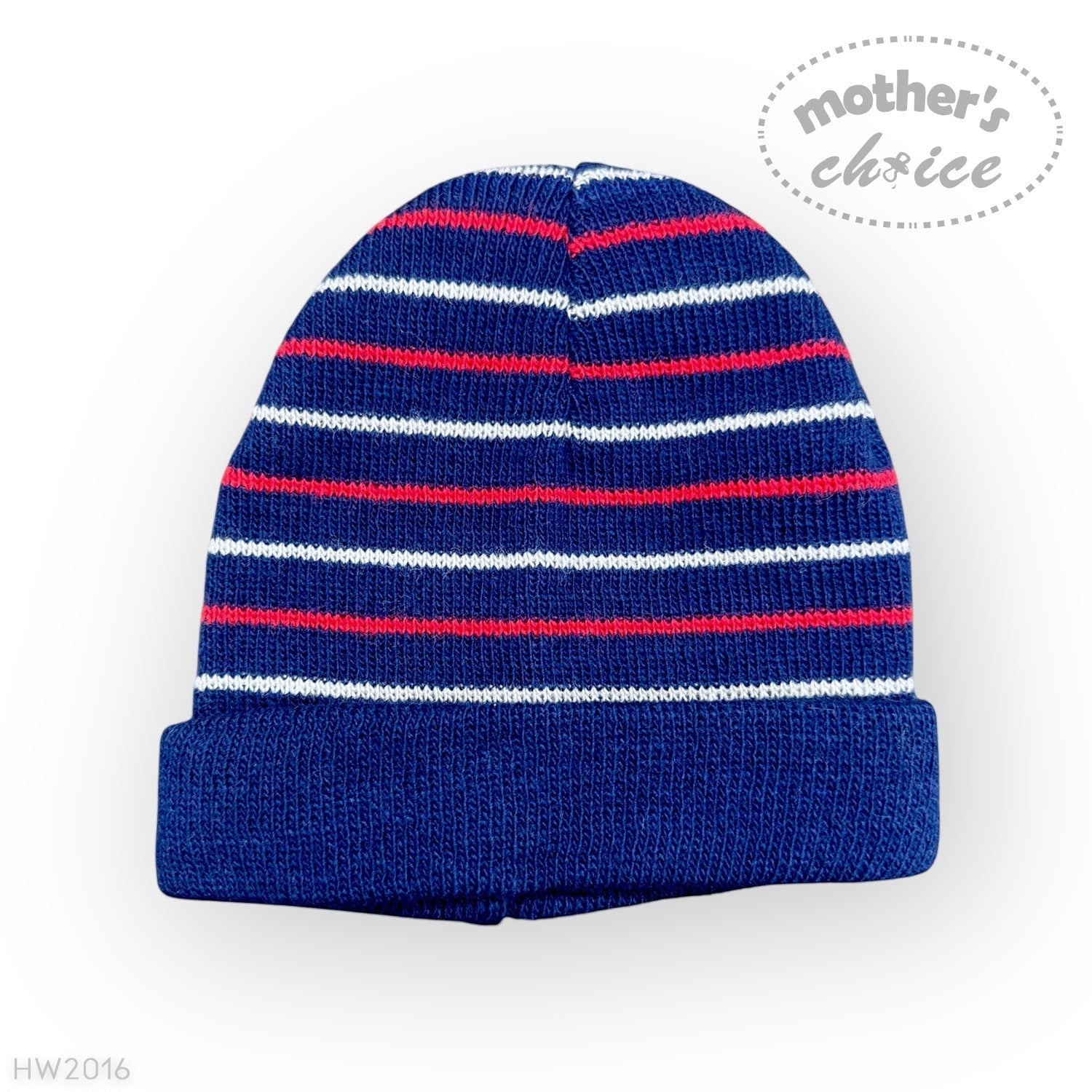 Blue striped beanie with red and white stripes on a white background, featuring 'mother's choice' branding.