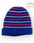 Blue striped beanie with red and white stripes on a white background, featuring 'mother's choice' branding.