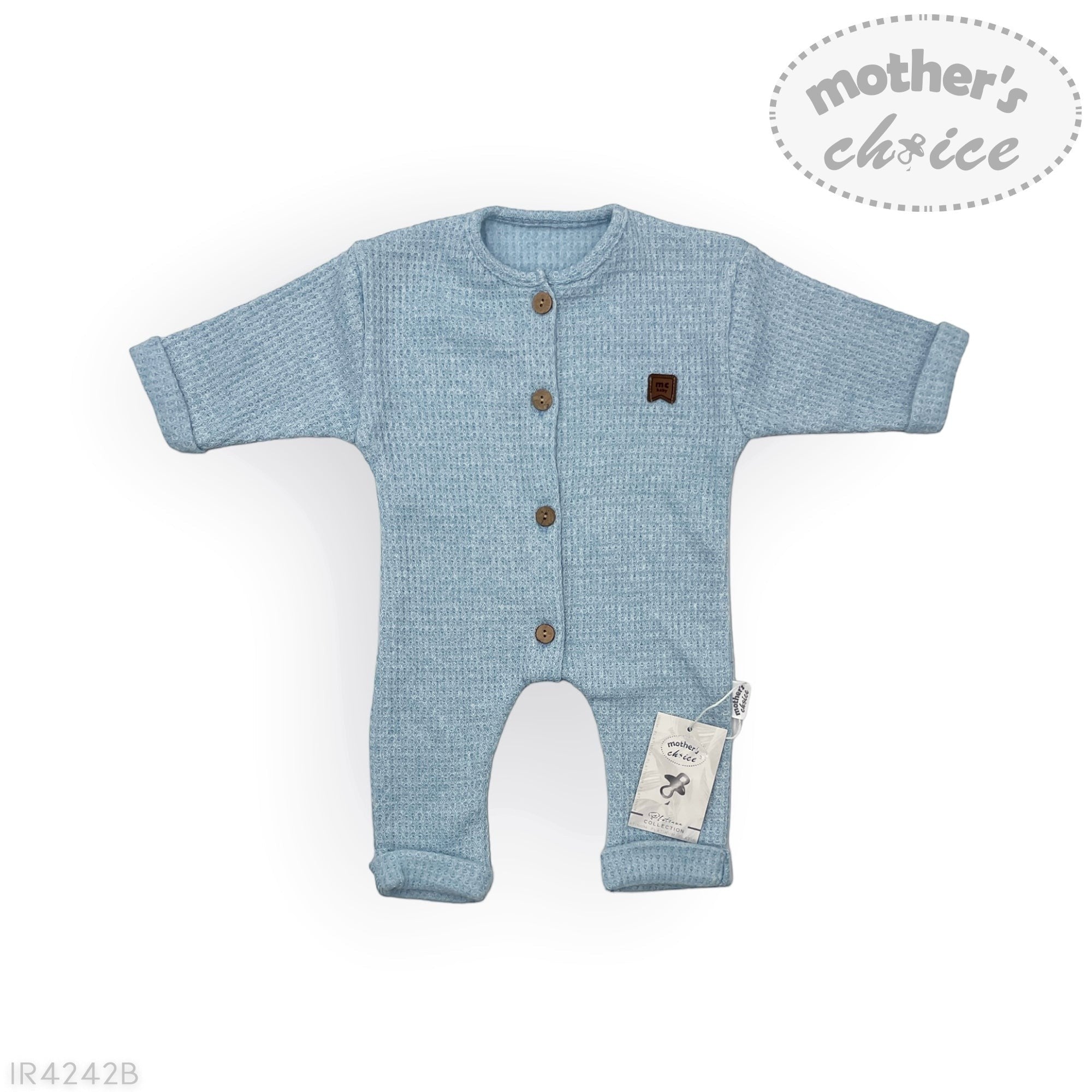 Blue baby romper with buttons on a white background, featuring 'Mother's Choice' branding.