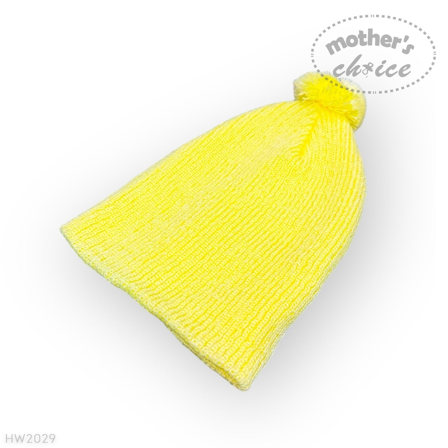 Yellow beanie with a pom-pom on a white background, branded 'Mother's Choice'.