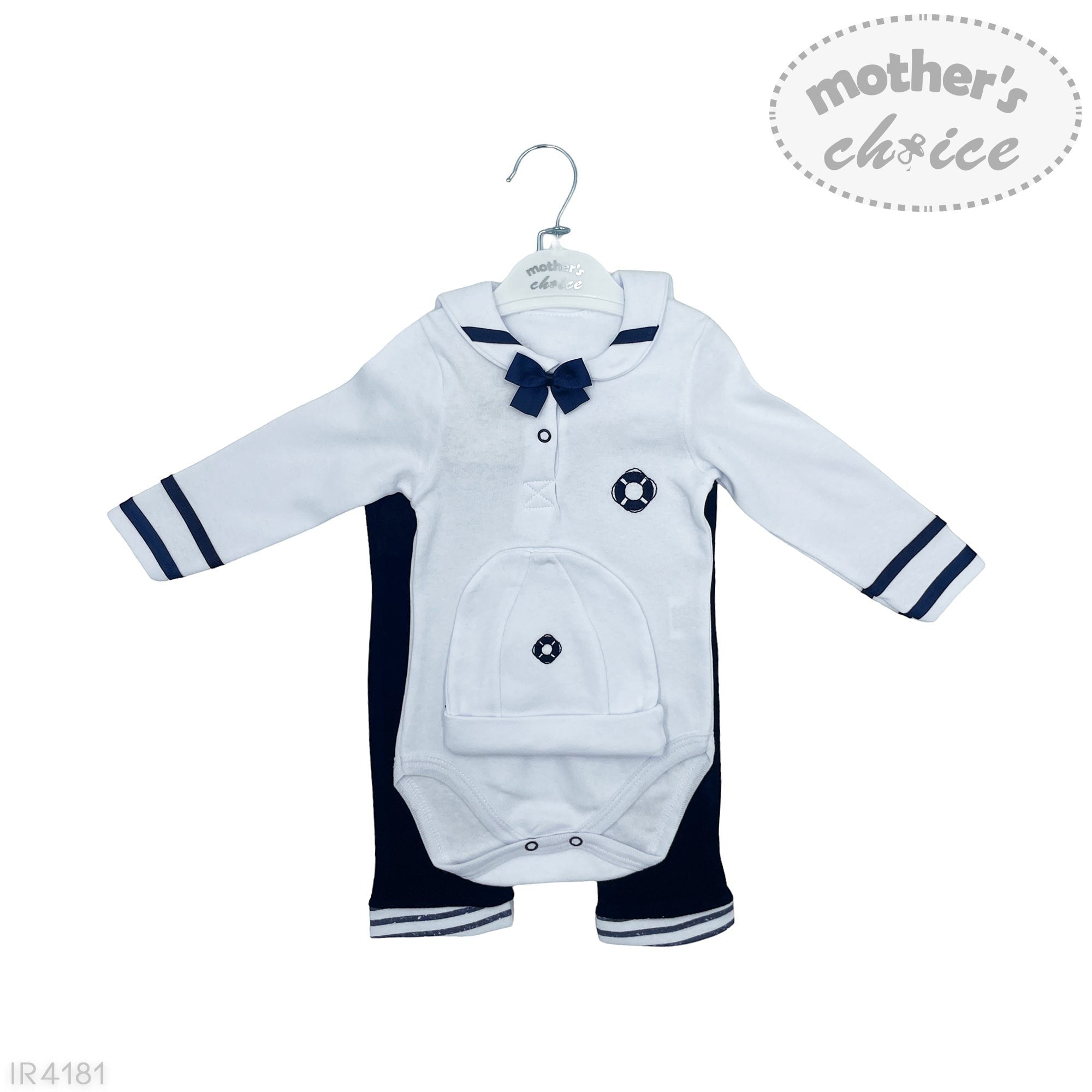 Baby outfit with white shirt and navy pants on a hanger, branded 'Mother's Choice'.
